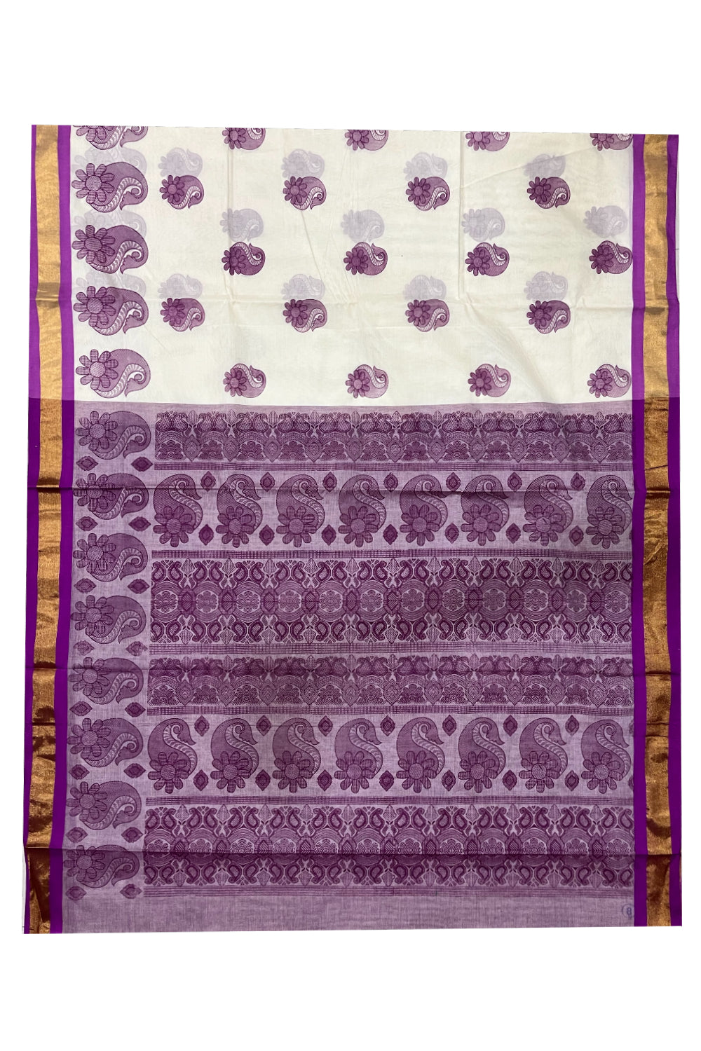 Pure Cotton Kerala Saree with Magenta Block Prints and Kasavu Border (Vishu 2024 Collection)