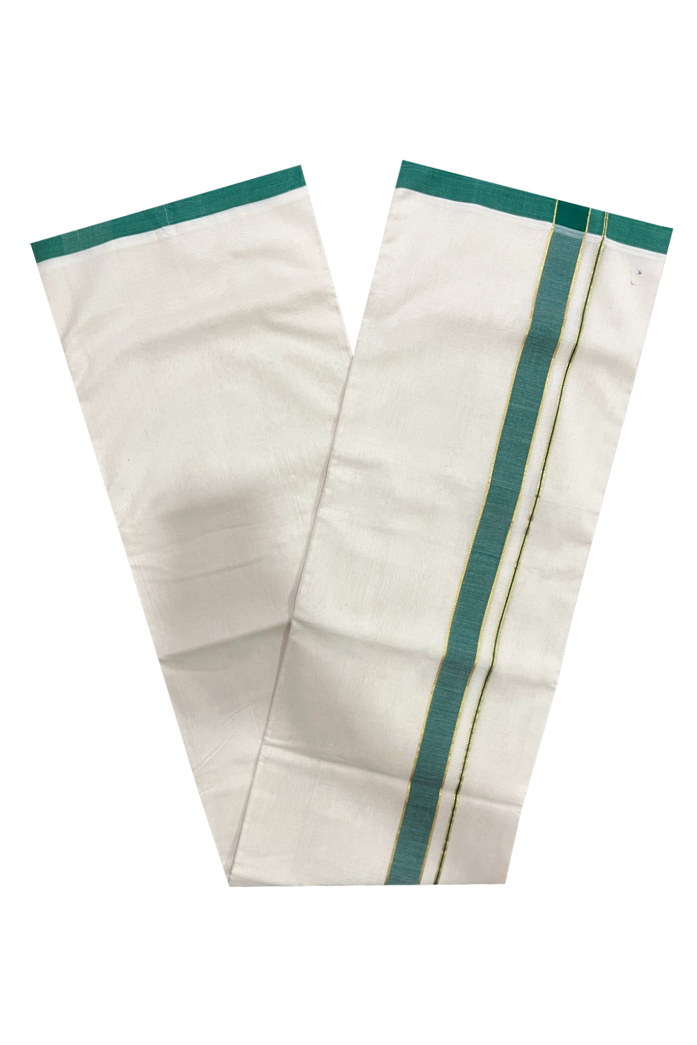 Southloom Premium Balaramapuram Unakkupaavu Handloom Mundu with Green and Kasavu Border (South Indian Kerala Dhoti)