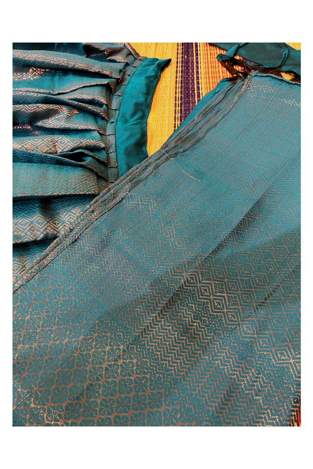 Southloom Semi Stitched Semi Silk Teal Dhavani Set include Neriyathu and Blouse Piece