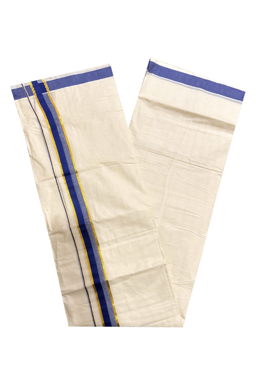 Kerala Cotton Double Mundu with Blue and Kasavu Border (Onam Mundu 2023)