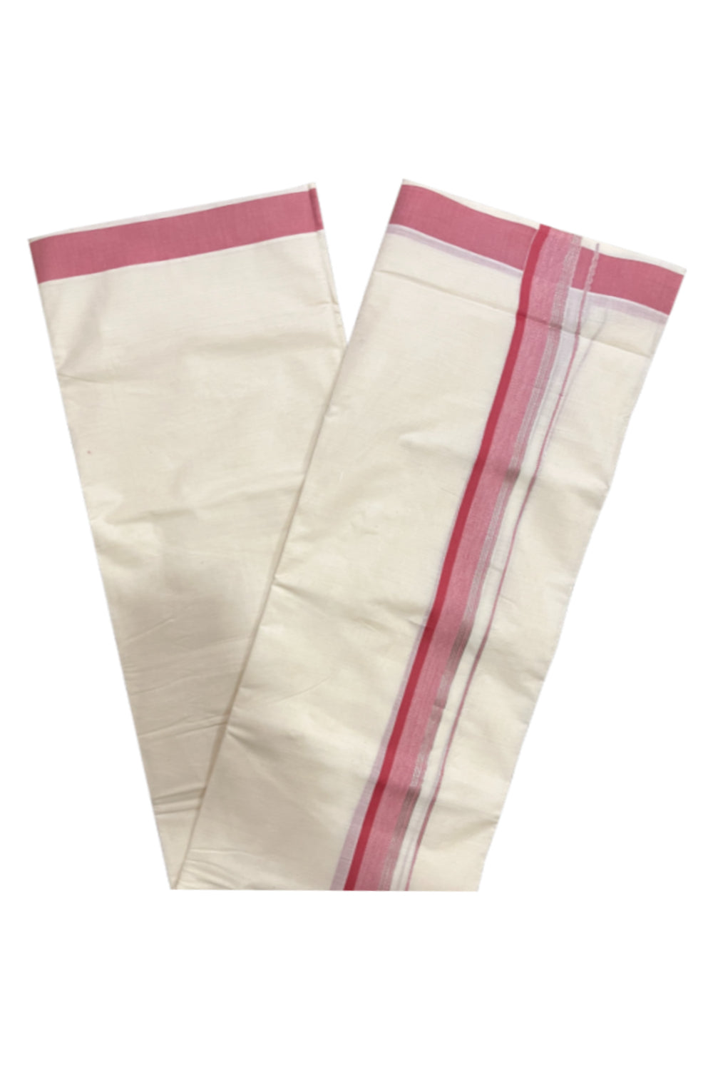 Pure Cotton Kerala Double Mundu with Pink and Silver Kasavu Kara (South Indian Kerala Dhoti)