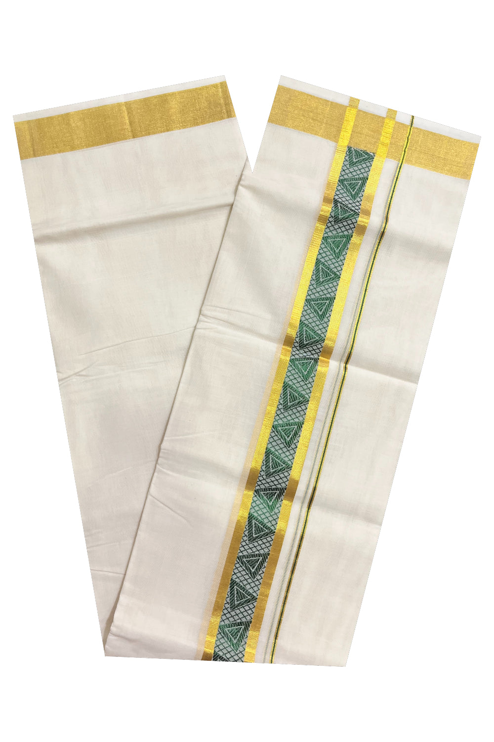 Southloom Premium Handloom Pure Cotton Mundu with Golden and Green Kasavu Woven Border (Vishu 2024 Collection)