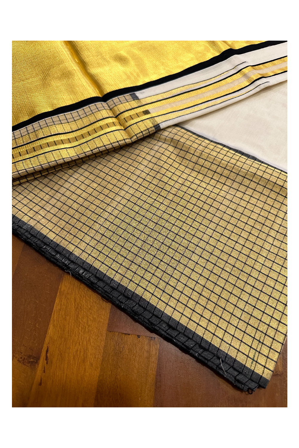 Southloom Handloom Premium Cotton Saree with Black and Kasavu Check Design Border