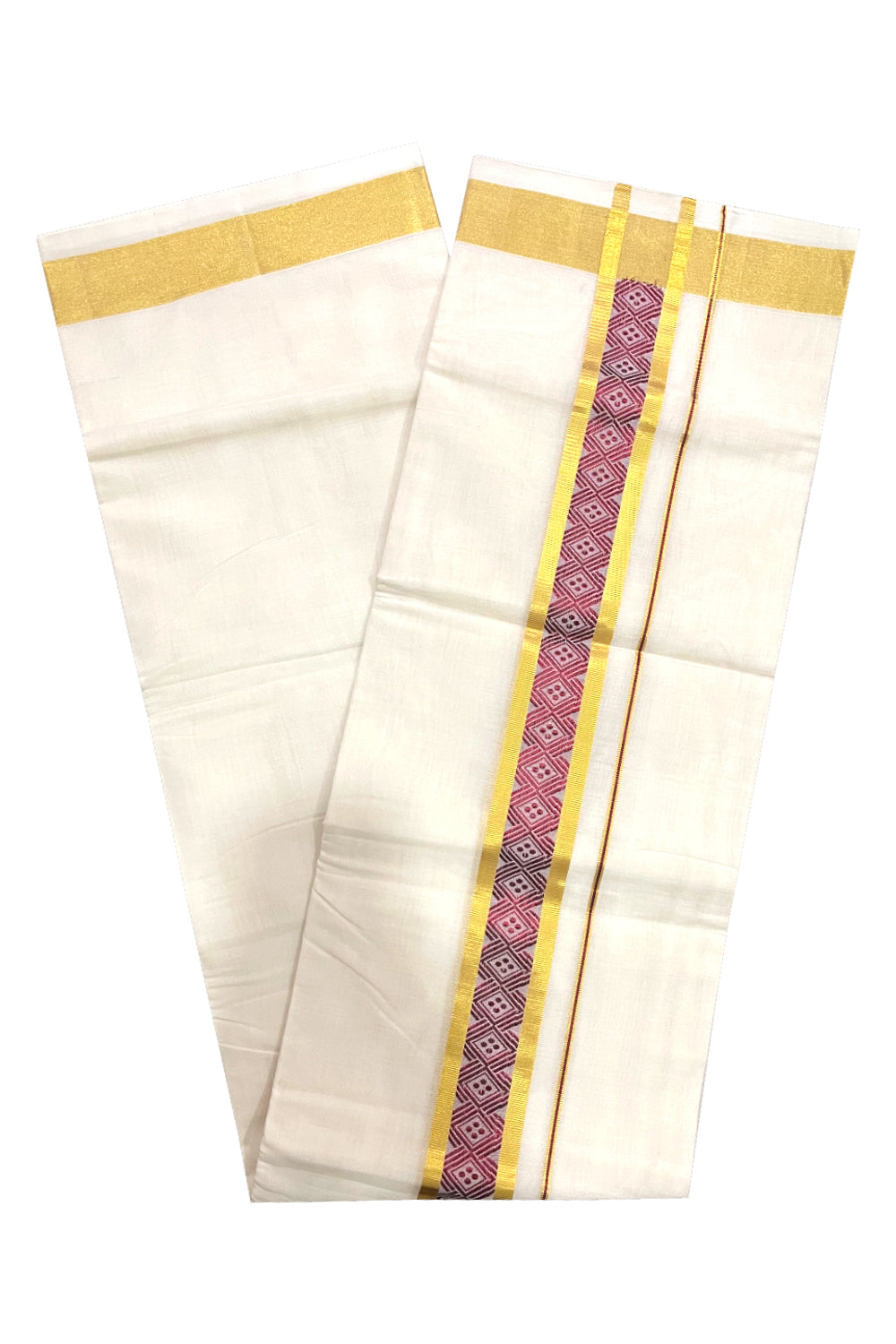 Southloom Premium Handloom Pure Cotton Mundu with Golden and Maroon Kasavu Woven Border (Onam Mundu 2023)