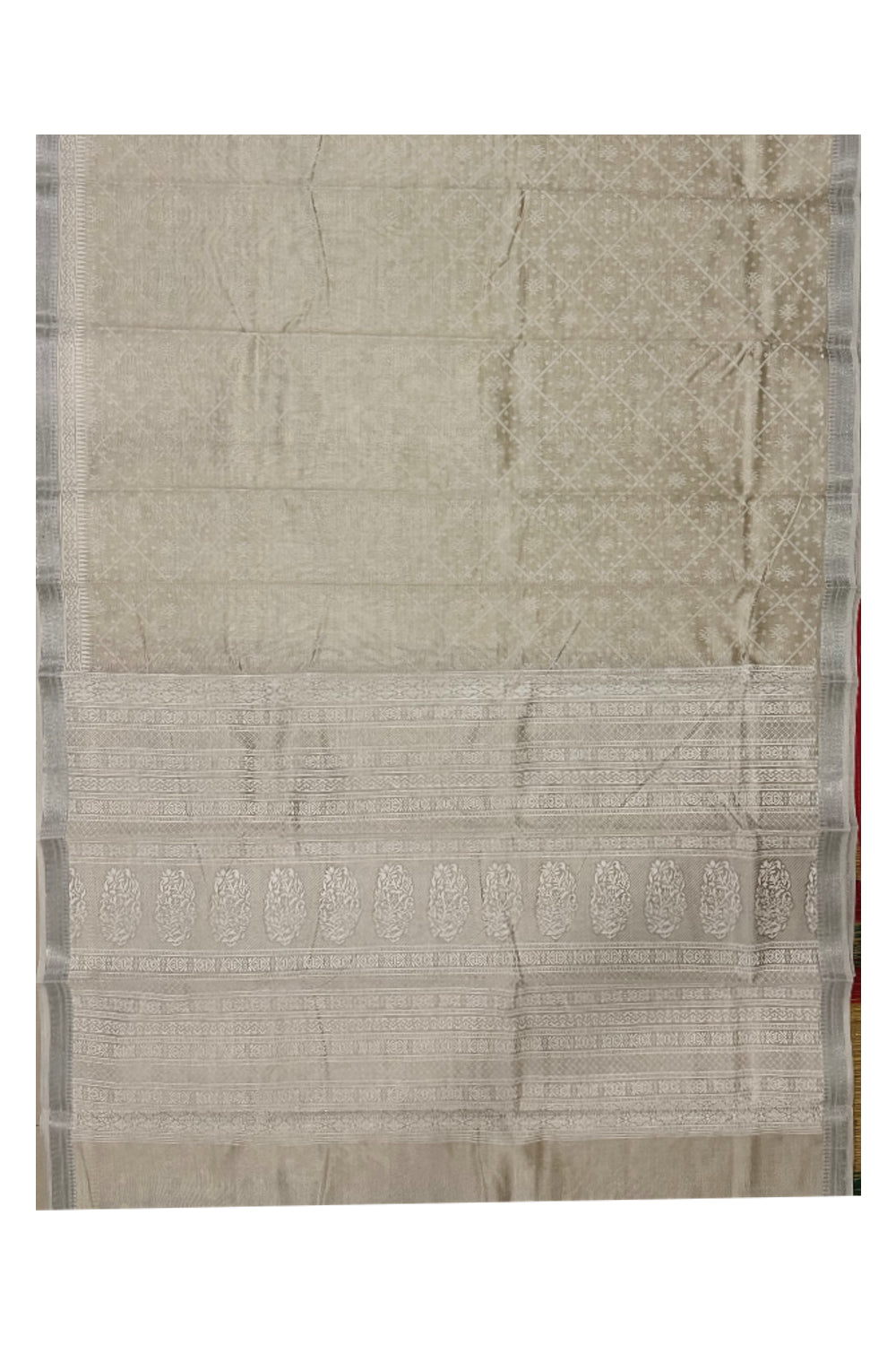 Southloom Semi Tussar White Woven Saree with Silver Zari Border