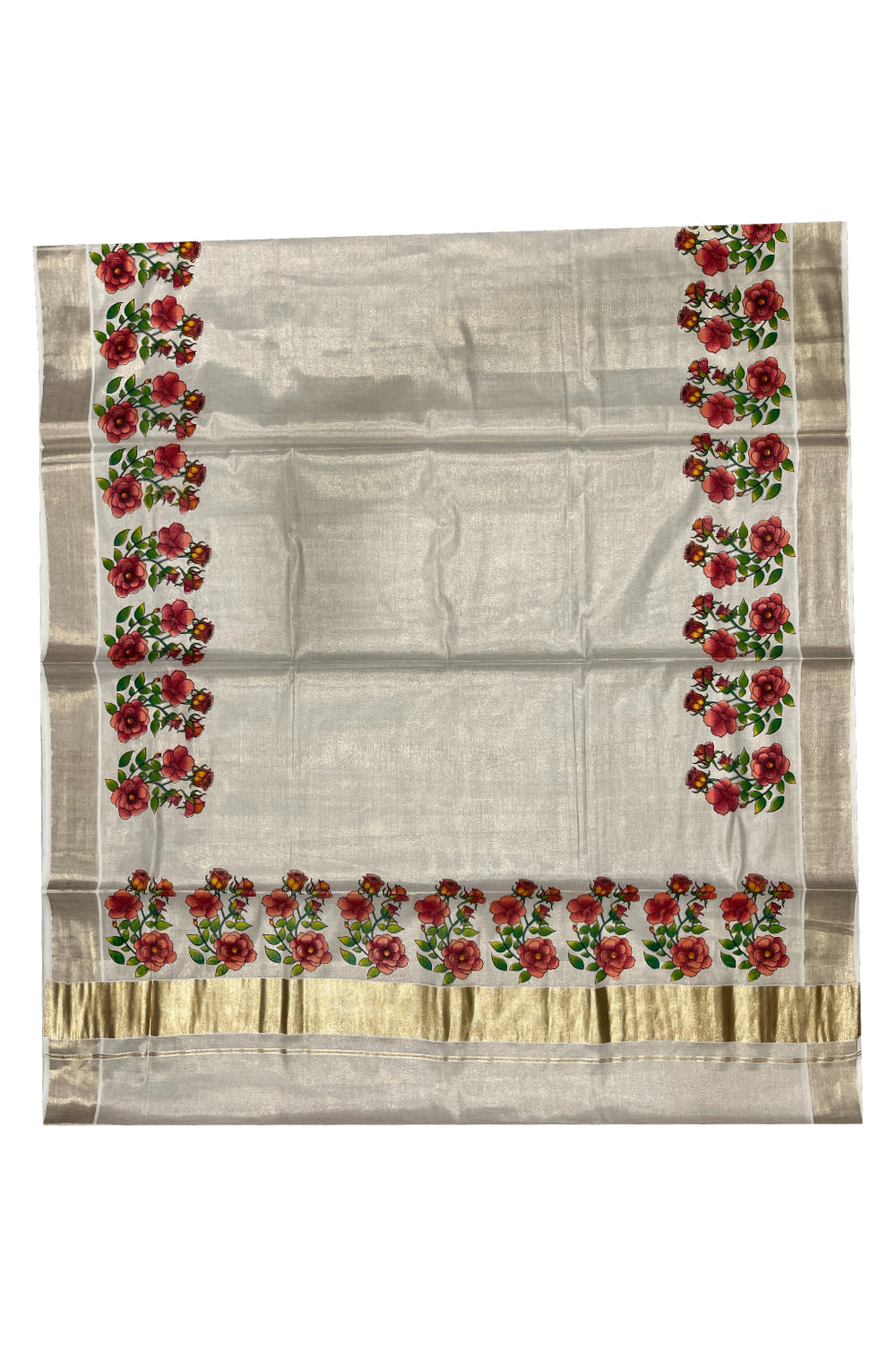 Kerala Tissue Kasavu Saree with Floral Block Printed Designs