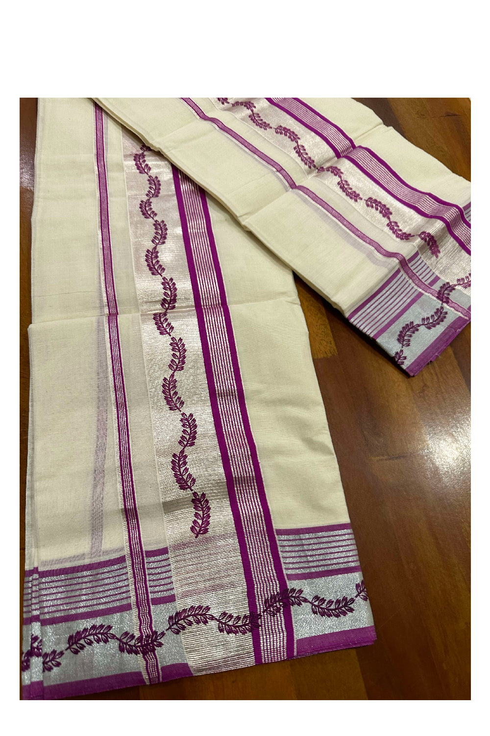 Kerala Cotton Single Set Mundu (Mundum Neriyathum) with Magenta Block Prints and Silver Kasavu Border 2.80 Mtrs (Onam set Mundu 2023)