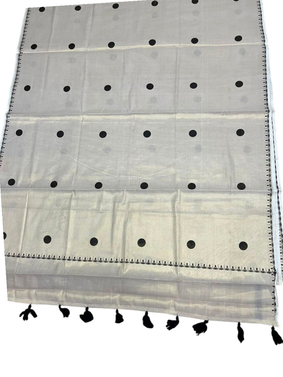 Southloom Kerala Tissue Kasavu Plain Saree with Black Polka Dots On Body SL537