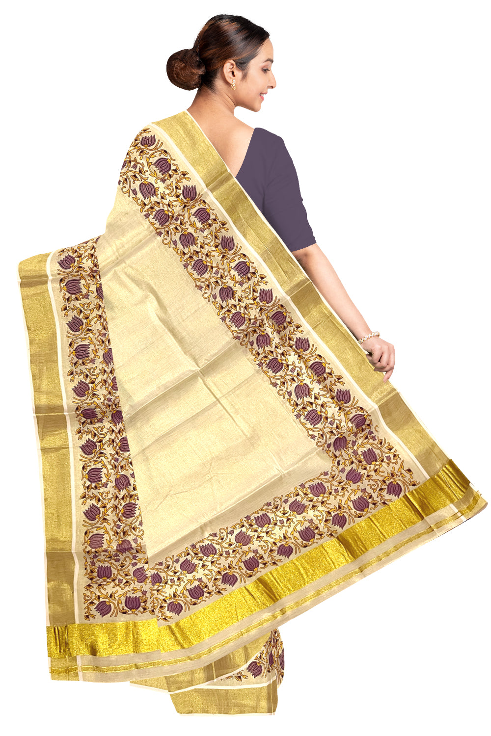 Southloom Jaipur Artisans & Kerala Weavers Collab Violet and Yellow Floral Printed Tissue Kasavu Saree (Vishu Collection 2024)