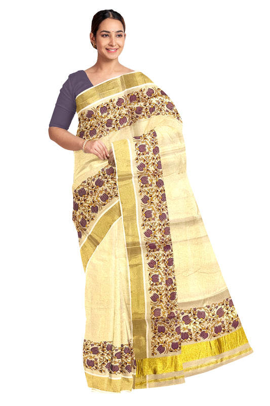 Southloom Jaipur Artisans & Kerala Weavers Collab Violet and Yellow Floral Printed Tissue Kasavu Saree (2023 Onam Exclusive Kerala Saree)