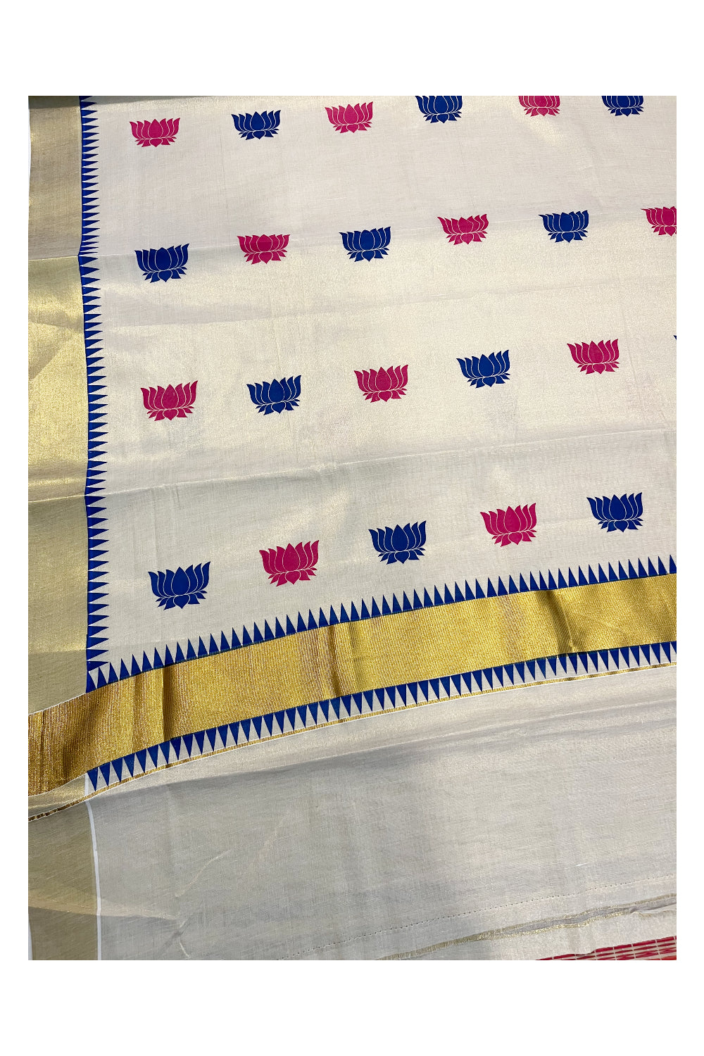 Kerala Tissue Kasavu Saree with Blue and Pink Lotus Block Prints