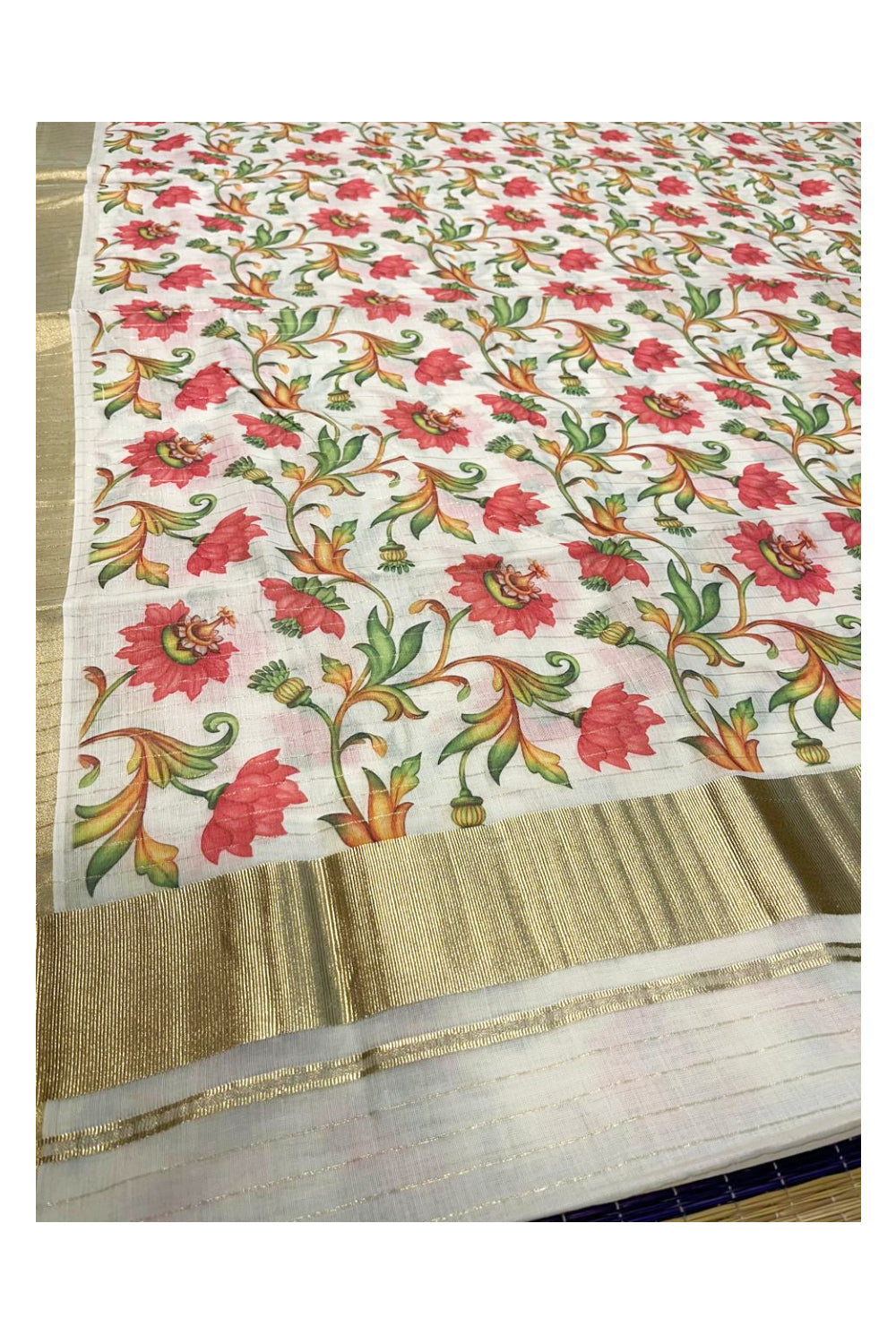 Kerala Cotton Kasavu Lines Saree with Pink Floral Kalamkari Design