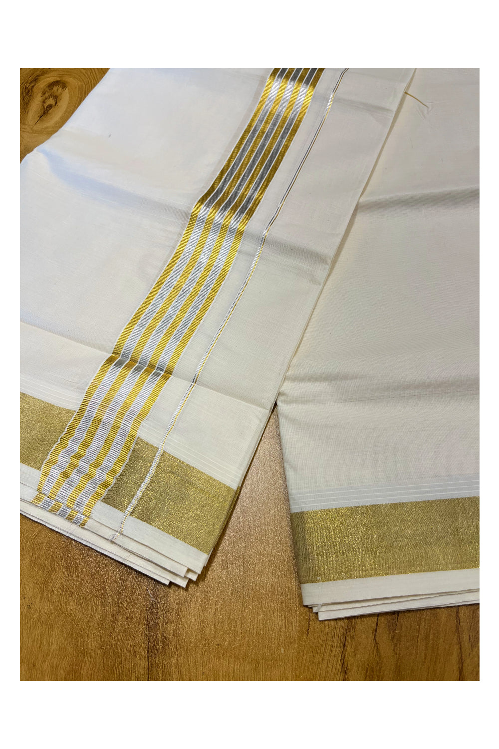 Pure Cotton Off White Double Mundu with Silver and Gold Kasavu Lines Kara (South Indian Kerala Dhoti)