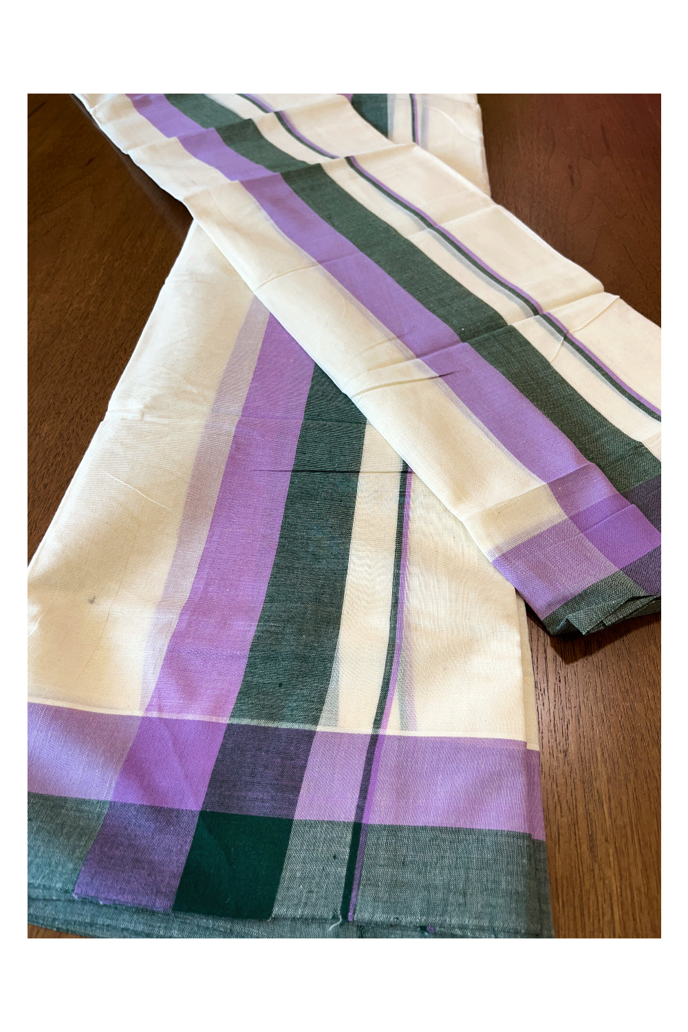 Cotton Mulloth Mundum Neriyathum Double (Set Mundu) with Dark Green and Violet Border