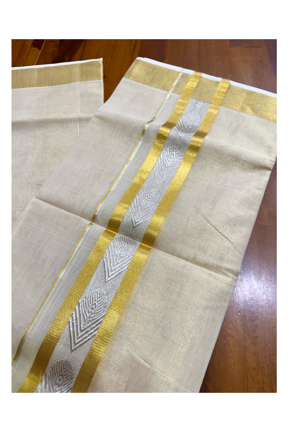 Southloom Premium Handloom Tissue Mundu with 2 inch Kasavu Border with Silver Woven Work