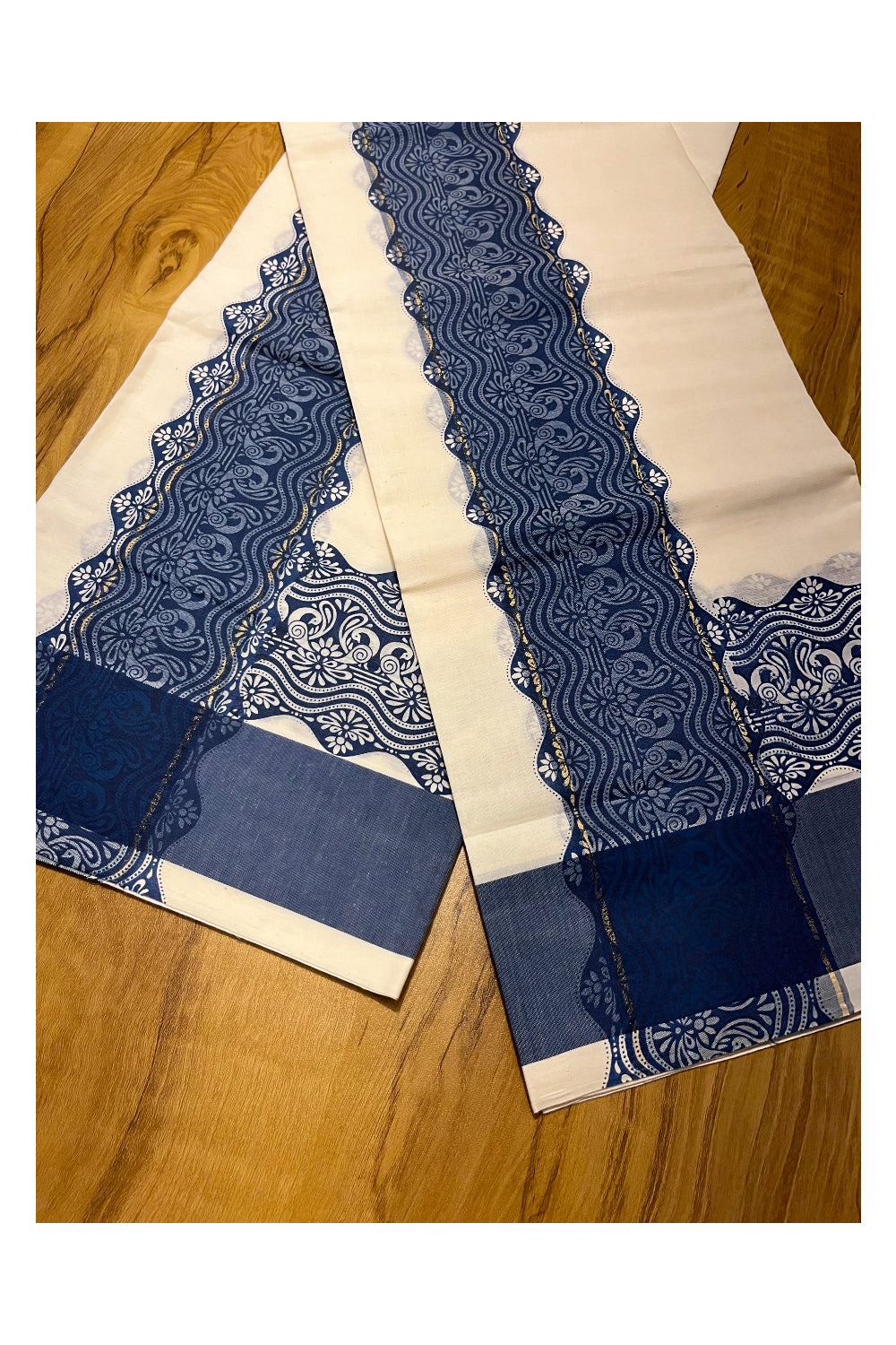 Kerala Cotton Single Set Mundu (Mundum Neriyathum) with Blue Block print Border 2.80Mtrs