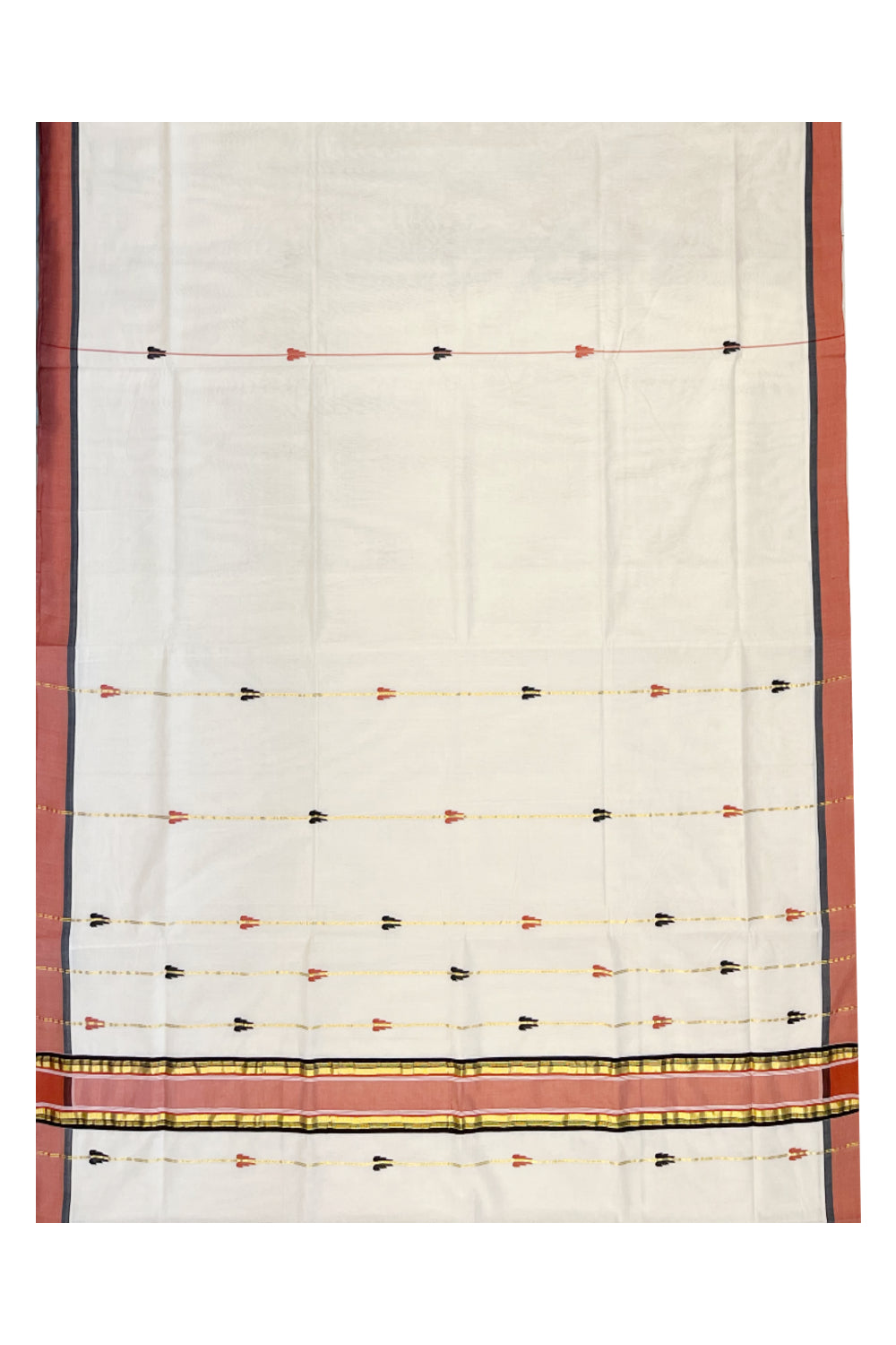 Southloom Premium Balaramapuram Unakkupaavu Handloom Cotton Butta Saree with Kasavu Lines and Black Orange Border