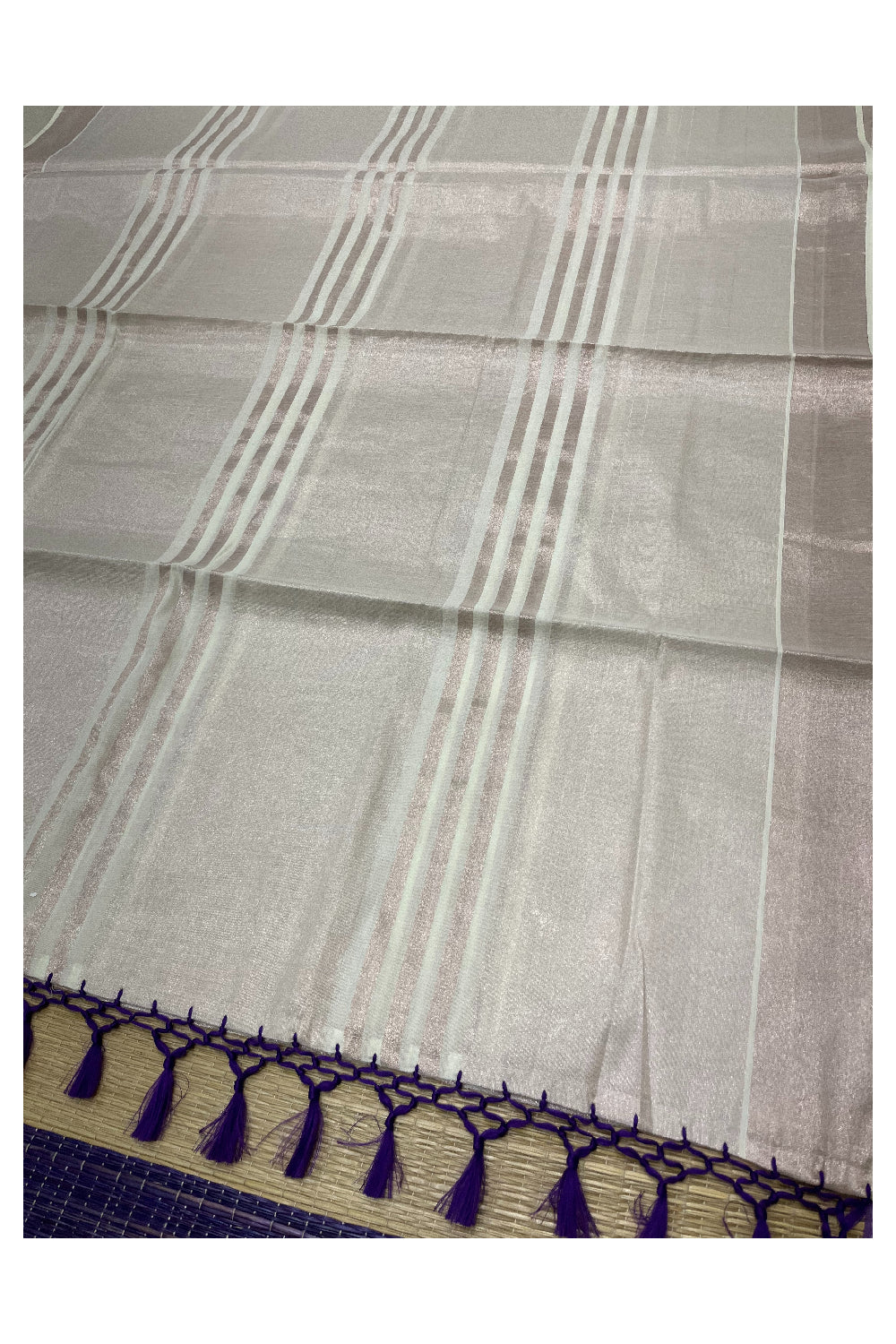 Kerala Copper Tissue Kasavu Lines Design Saree with Violet Tassels on Pallu