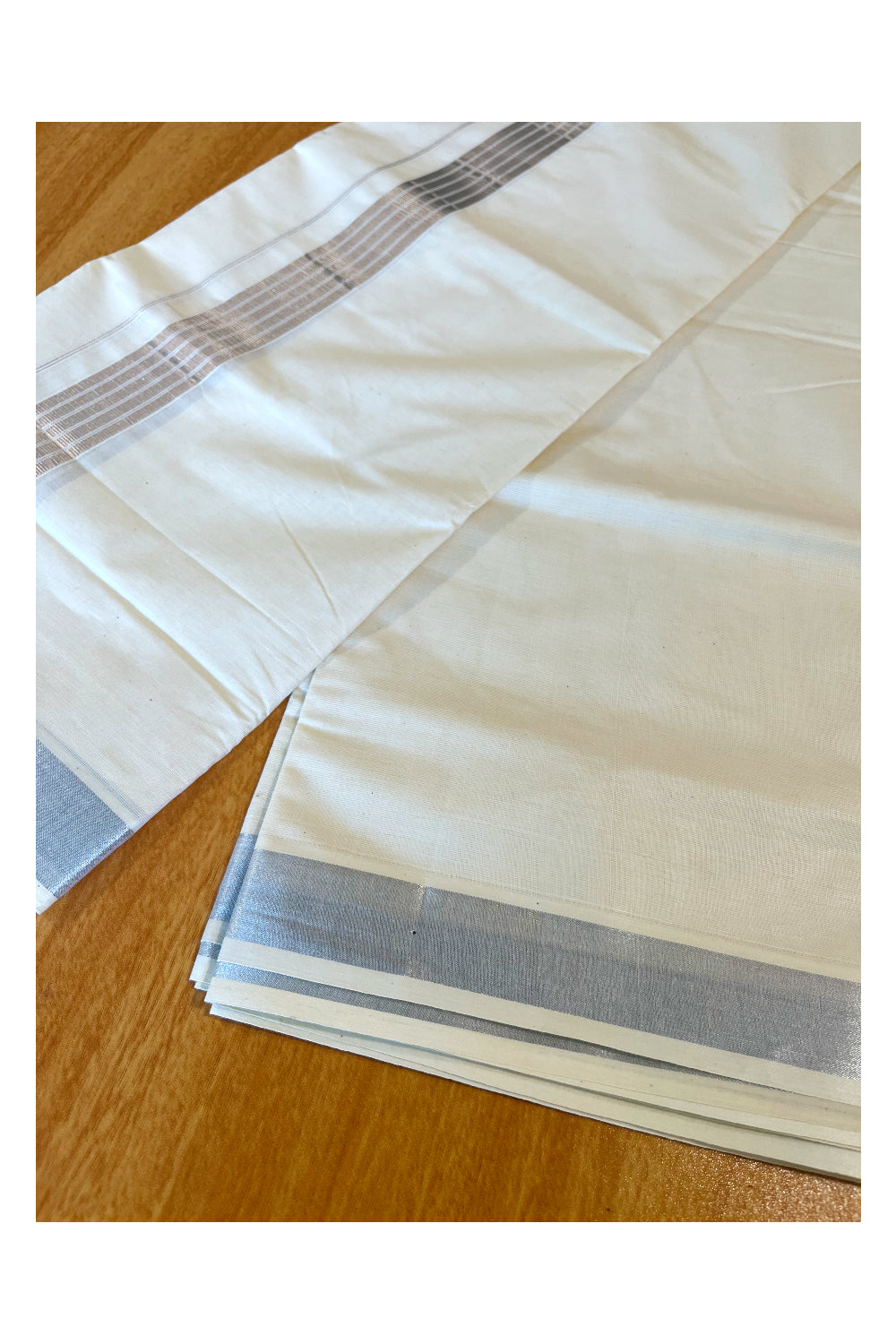 Off White Kerala Cotton Double Mundu with Silver Kasavu Lines Border (South Indian Dhoti)