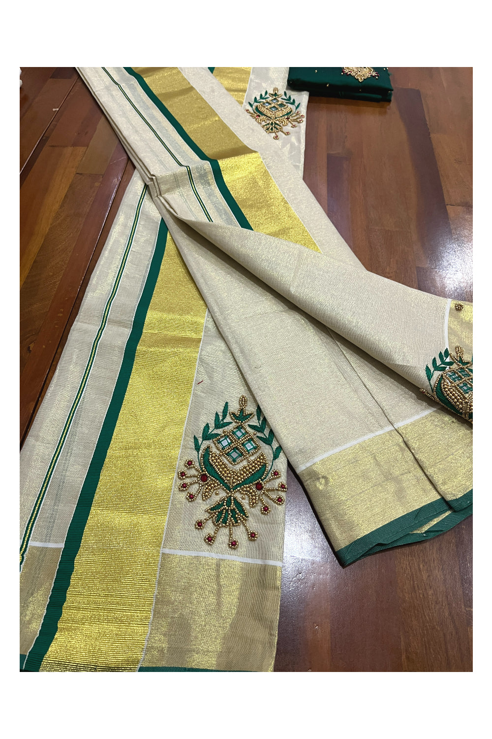 Kerala Tissue Kasavu Set Mundu (Mundum Neriyathum) with Bead Handwork Design and Green Blouse Piece