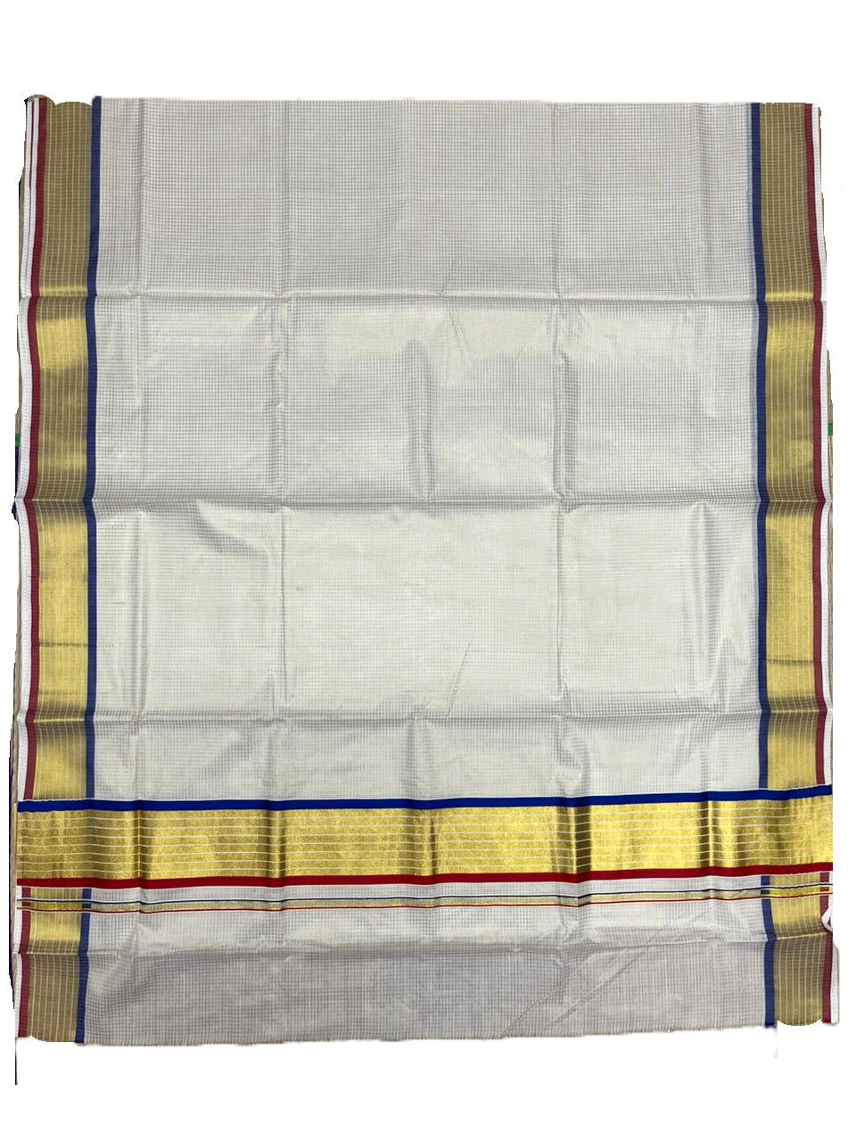 Southloom Kerala Cotton Kasavu Saree with Micro Check Design on Body in Blue & Red  Border SL451