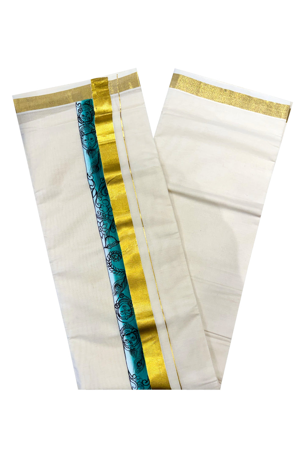 Kerala Pure Cotton Double Mundu with Mural Painted Design on Kasavu Border (South Indian Kerala Dhoti)