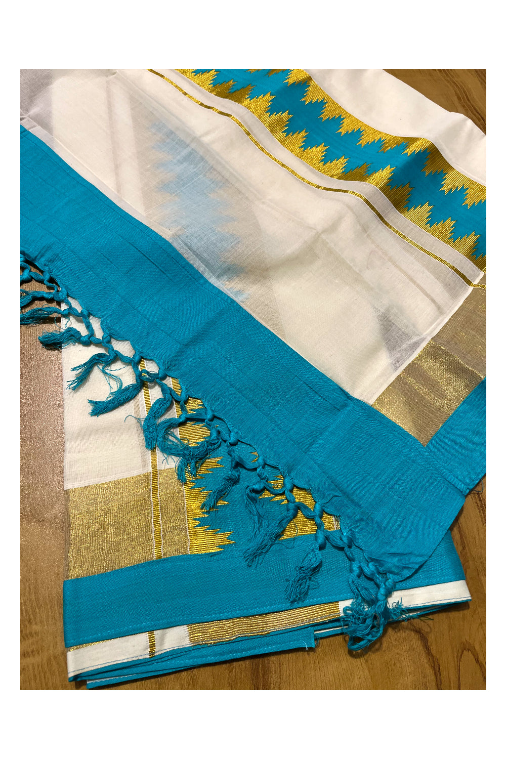 Kerala Cotton Single Set Mundu (Mundum Neriyathum) with Blue Temple Applique Work Border 2.80Mtrs