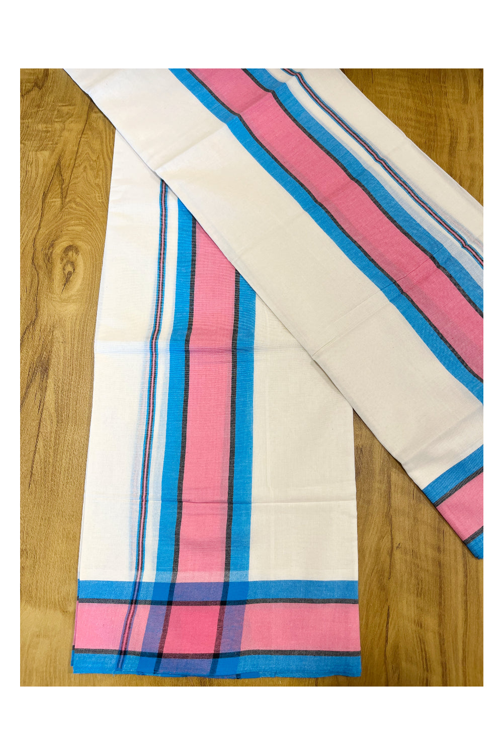 Southloom Mulloth Soft Cotton Blue Pink Border Set Mundu 2.80 Mtrs