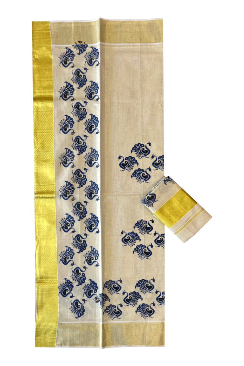 Kerala Tissue Set Mundu (Mundum Neriyathum) with Blue Peacock Block Prints and Kasavu Border 2.80 Mtrs