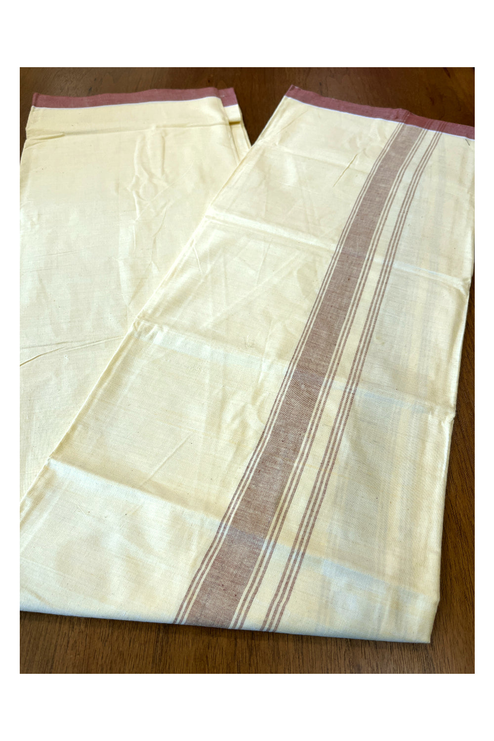 Southloom Premium Handloom Light Yellow Solid Single Mundu (Lungi) with Brown Border (South Indian Kerala Dhoti)