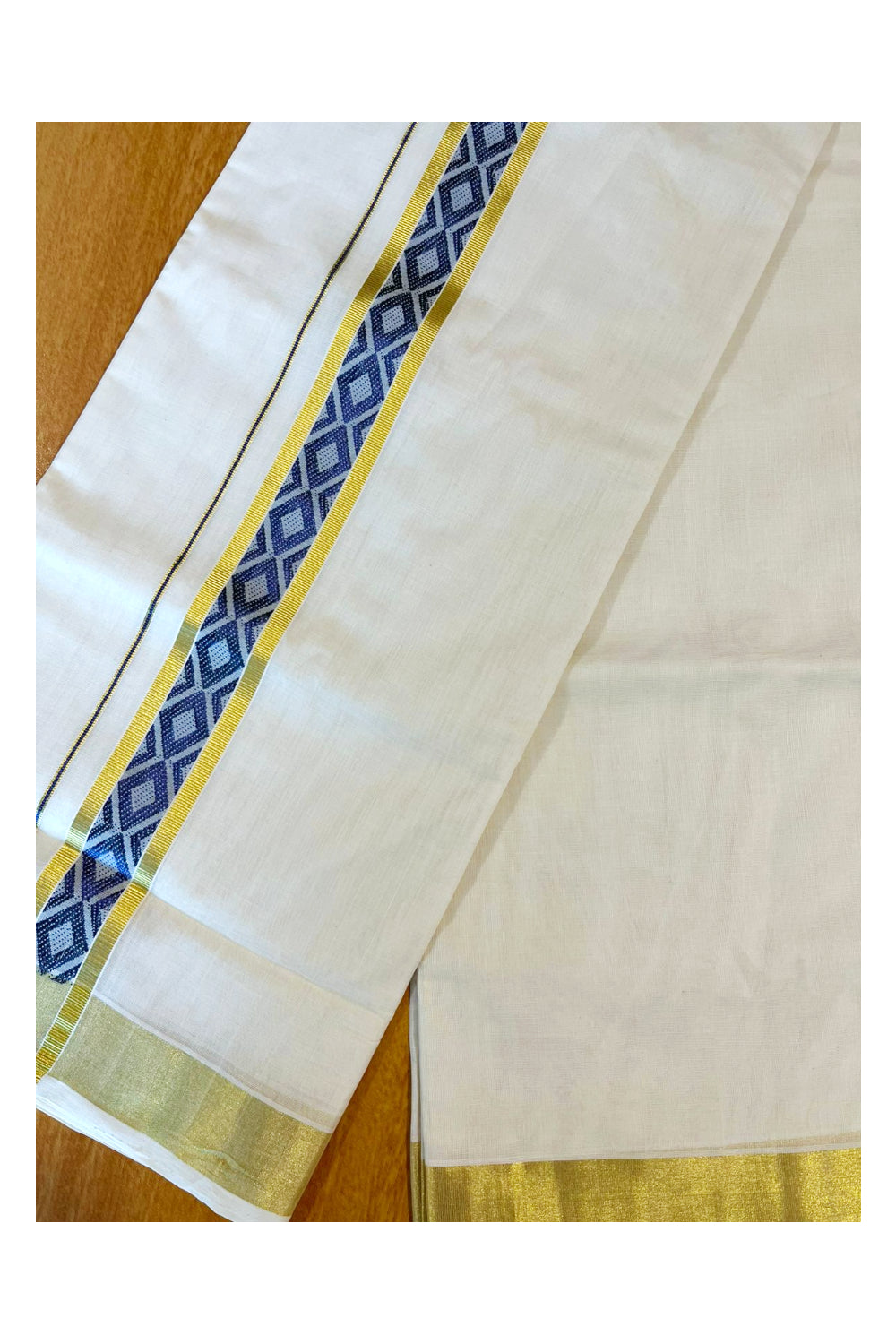 Southloom Premium Handloom Pure Cotton Mundu with Blue and Kasavu Woven Border