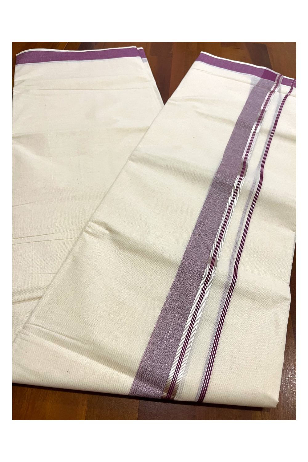 Kerala Cotton Double Mundu with Purple and Silver Kasavu Border (Onam Mundu 2023)