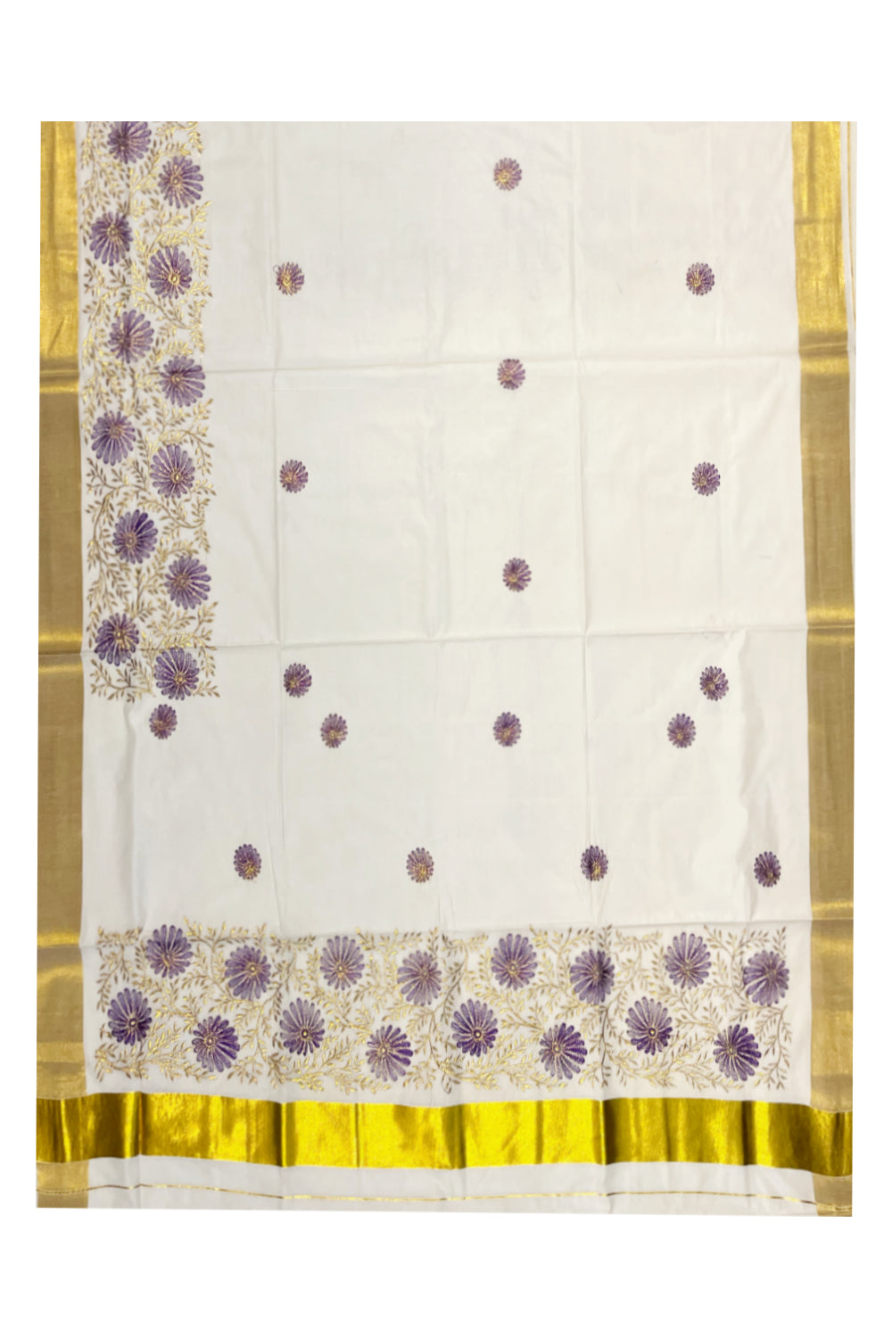 Kerala Cotton Kasavu Saree with Golden and Violet Floral Embroidery Work