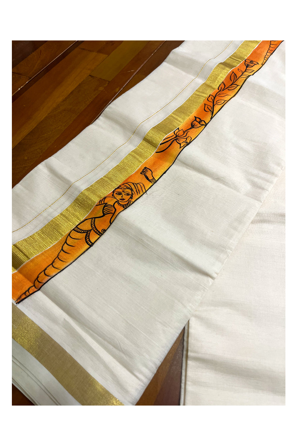 Kerala Pure Cotton Double Mundu with Hand Painted Designs on Kasavu Border(South Indian Kerala Dhoti)