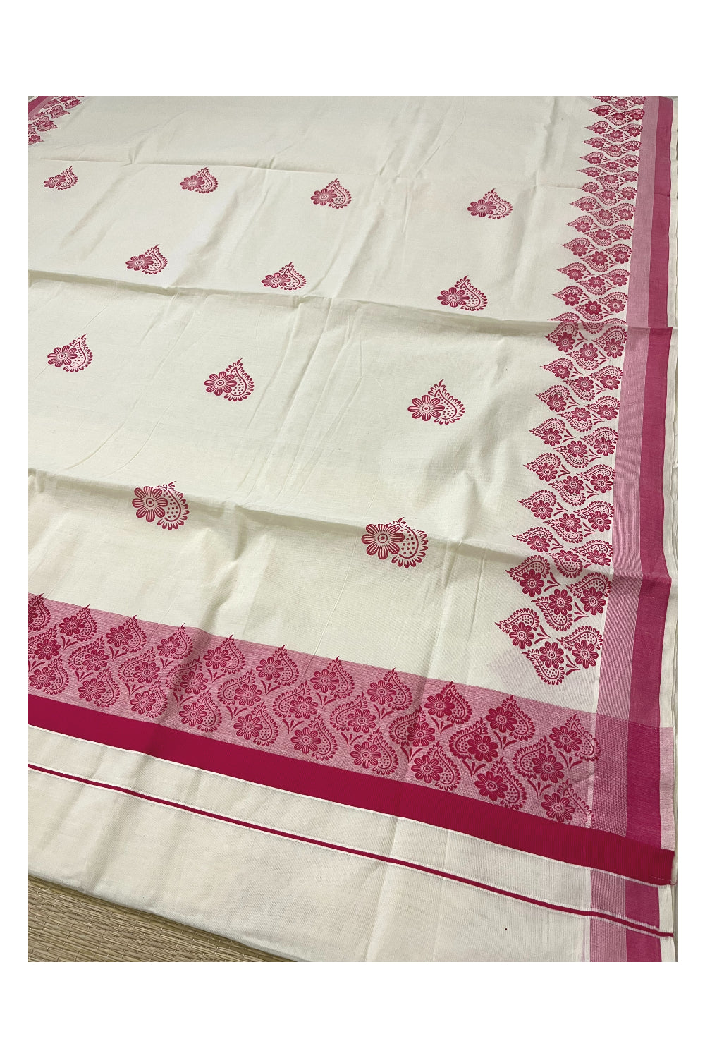 Pure Cotton Off White Kerala Saree with Bright Magenta Floral Block Printed Border