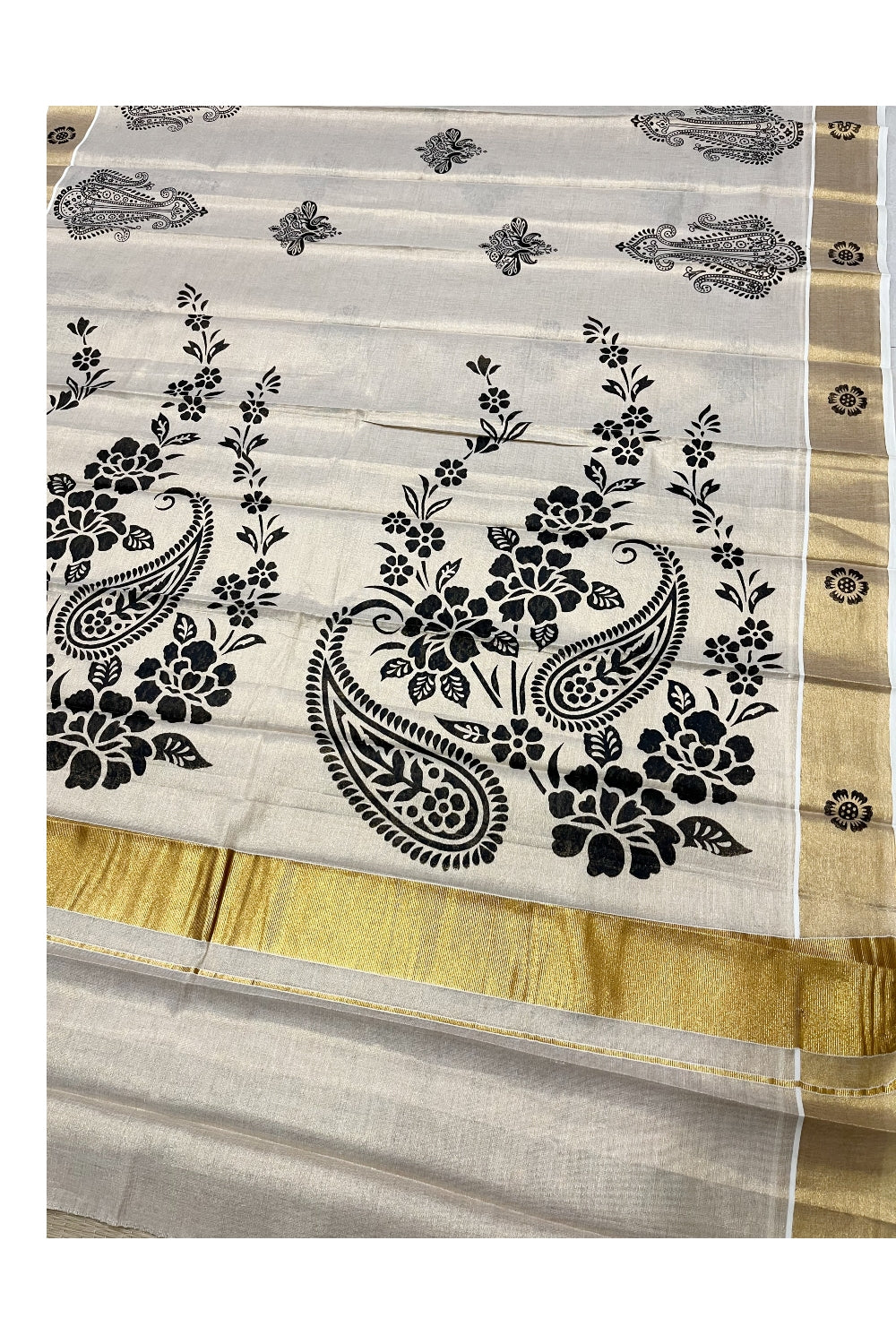 Kerala Tissue Kasavu Saree With Mural Printed Design (Vishu 2024 Collection)