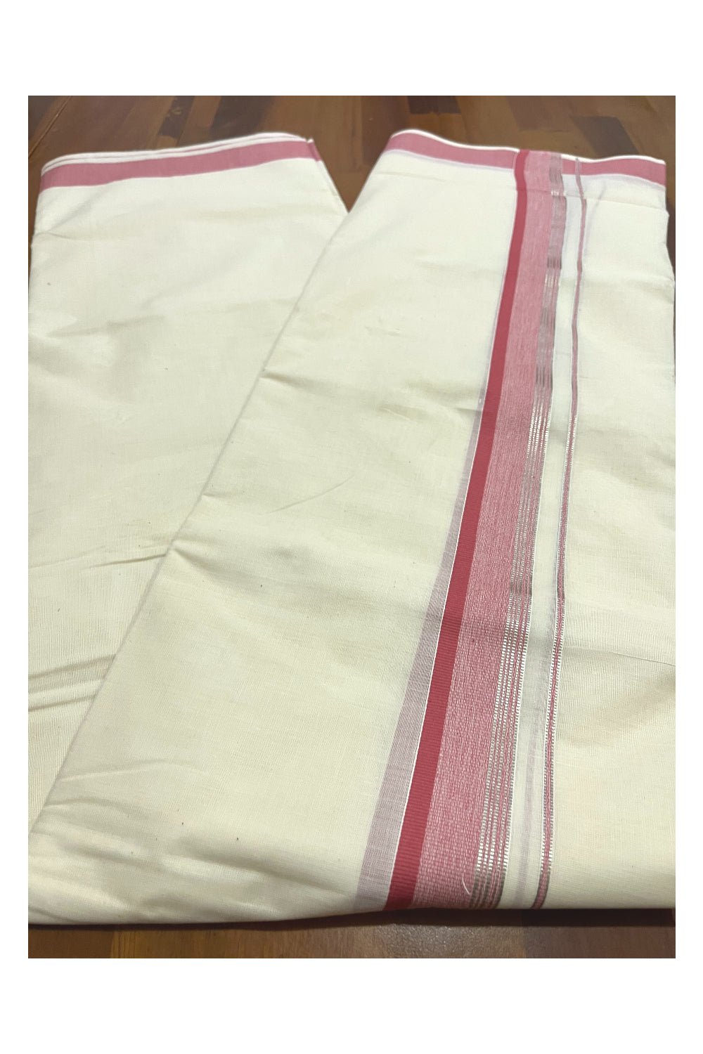 Pure Cotton Kerala Double Mundu with Pink and Silver Kasavu Kara (South Indian Kerala Dhoti)