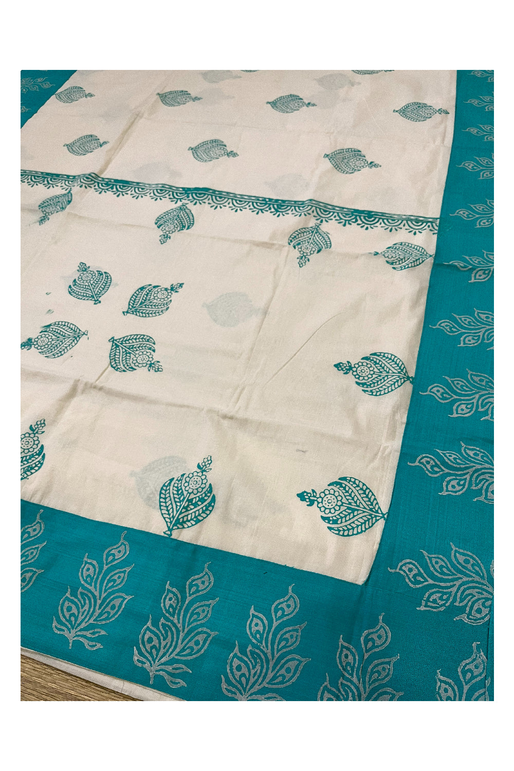 Pure Cotton Onam 2023 Kerala Saree with Hand Block Turquoise Batik Prints