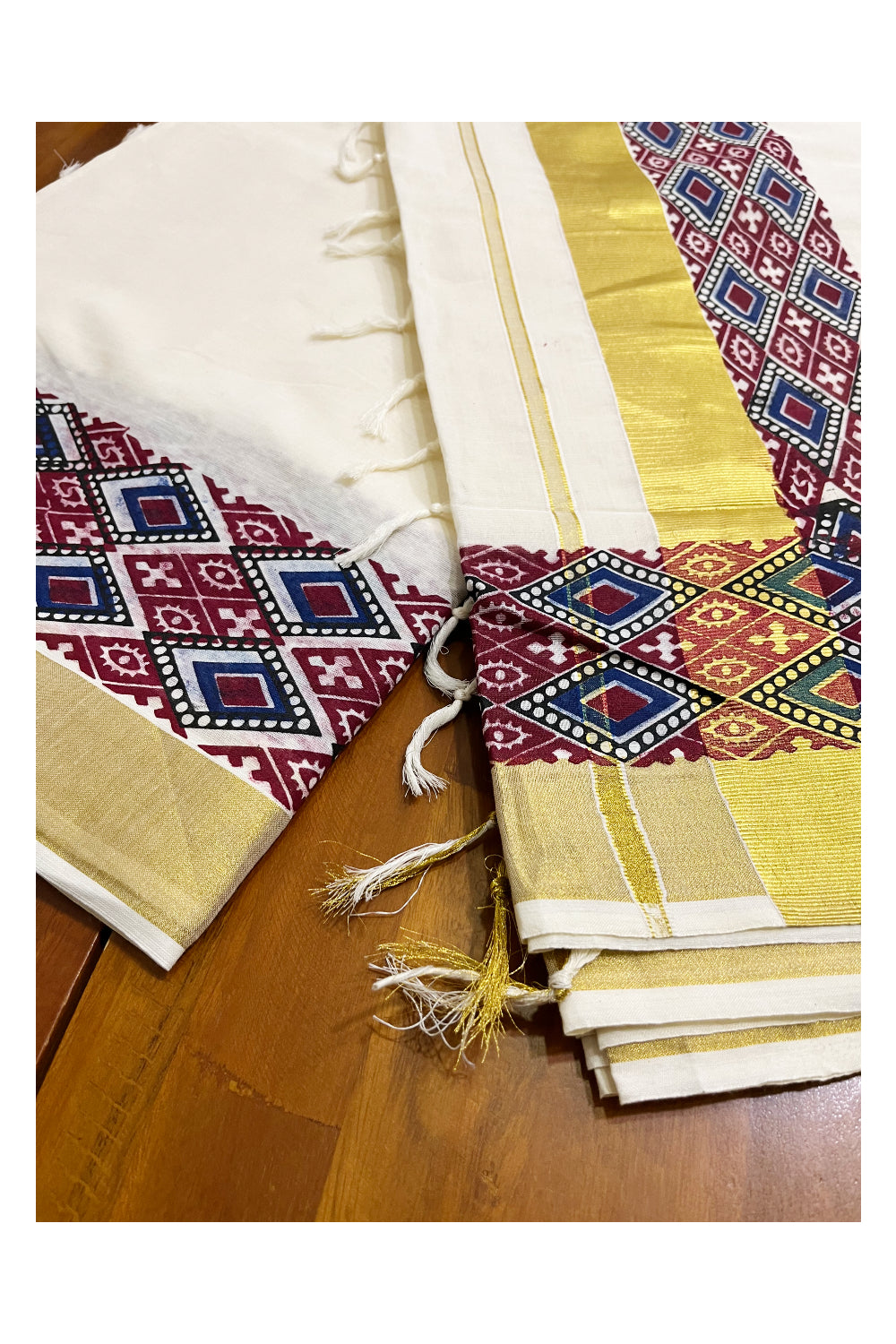 Kerala Pure Cotton Kasavu Saree with Ajrakh Stitched Borders and Matching Blouse Piece