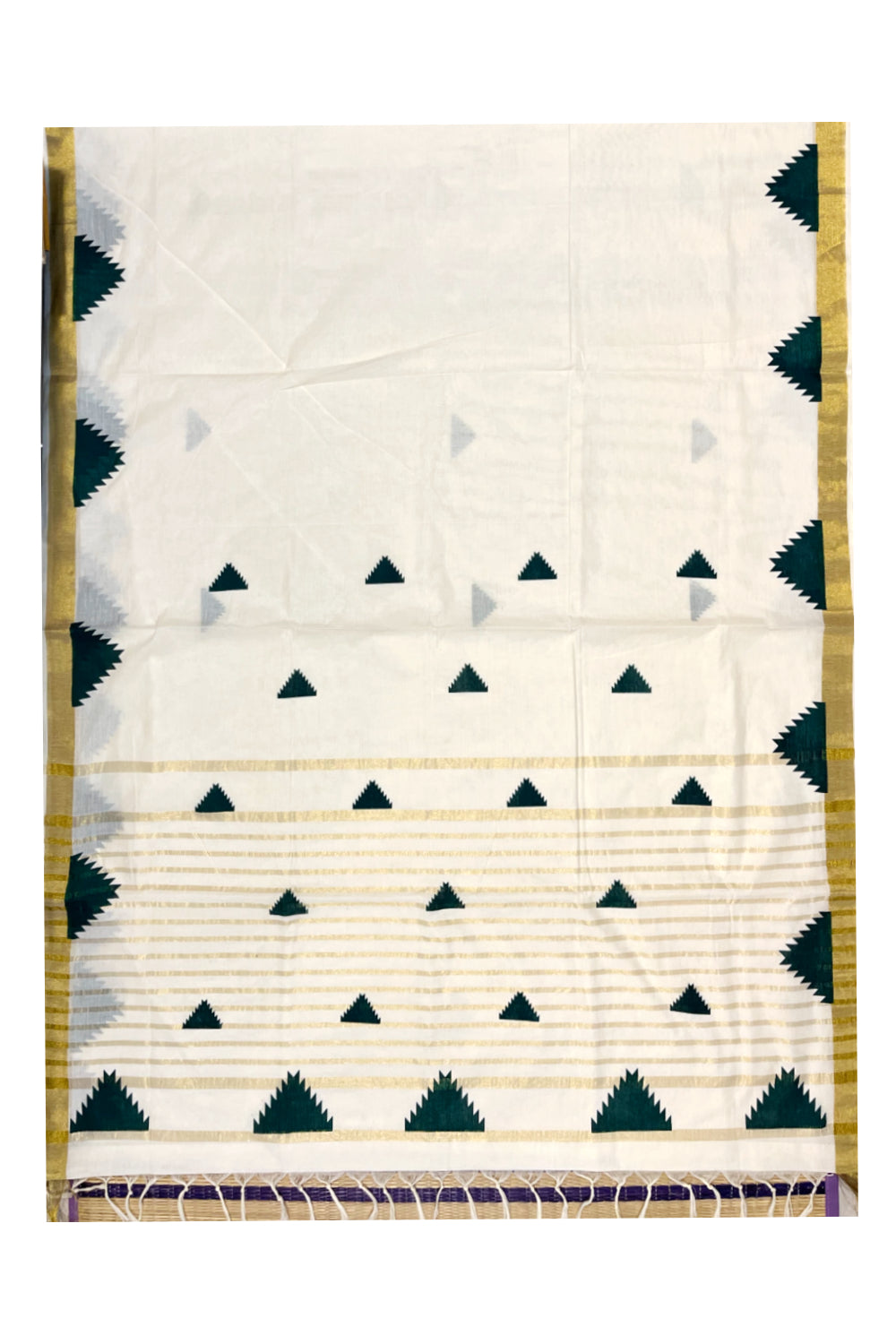 Kerala Cotton Kasavu Saree With Green Temple Prints on Border