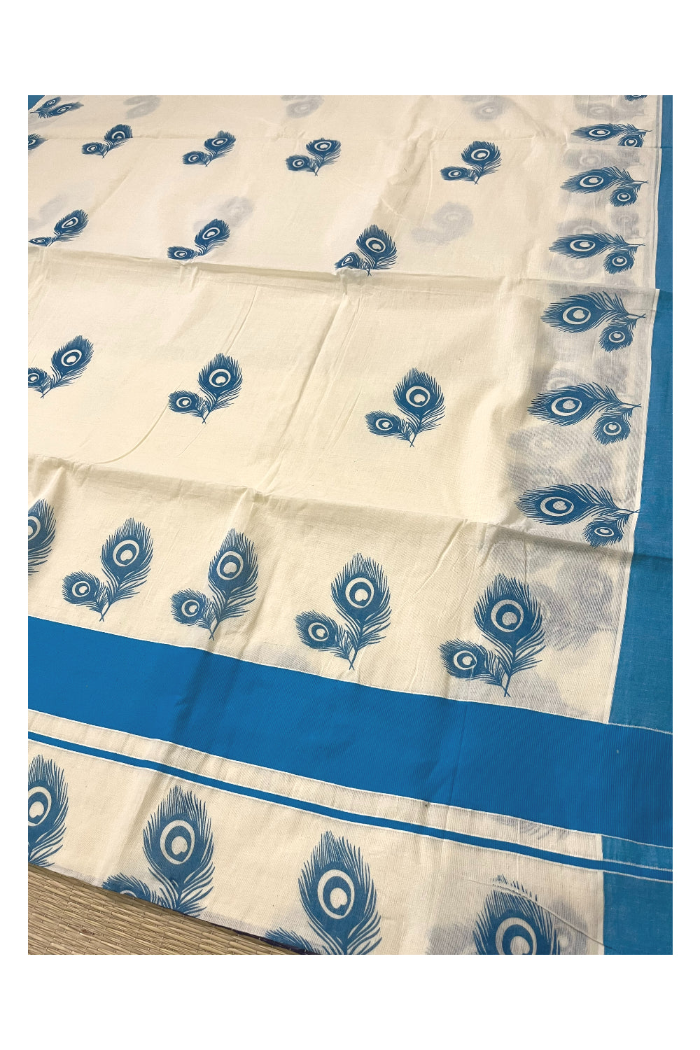 Pure Cotton Kerala Saree with Blue Feather Block Printed Border (Onam Saree 2023)