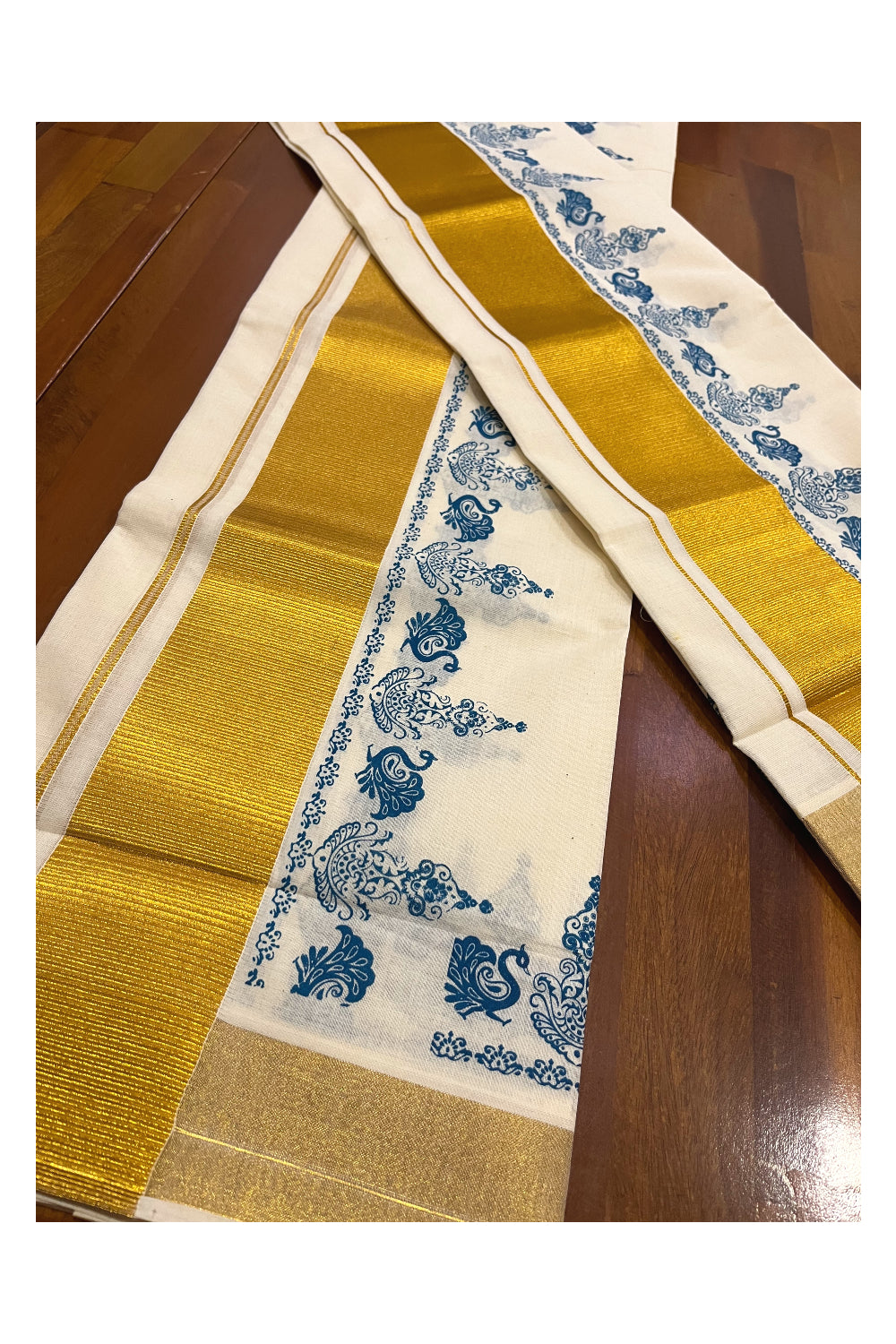 Pure Cotton Kerala Single Set Mundu (Mundum Neriyathum) with Blue Block Printed Kasavu Border (Onam 2023 Set Mundu)