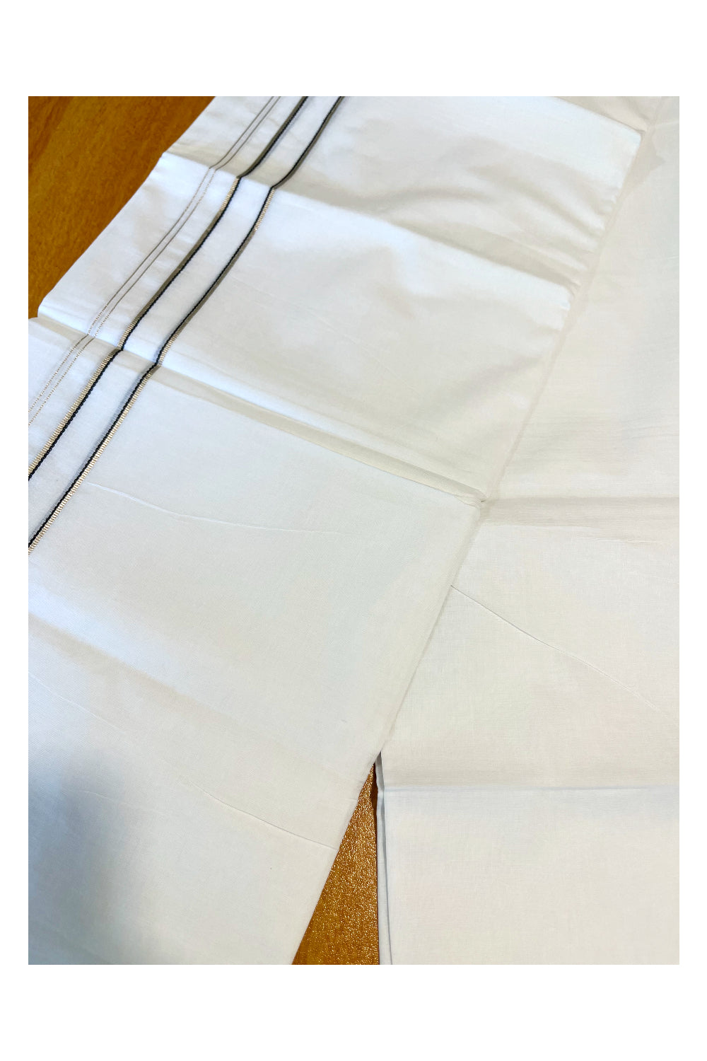 Pure White Cotton Double Mundu with Silver Black Chutti Kara (South Indian Kerala Dhoti)