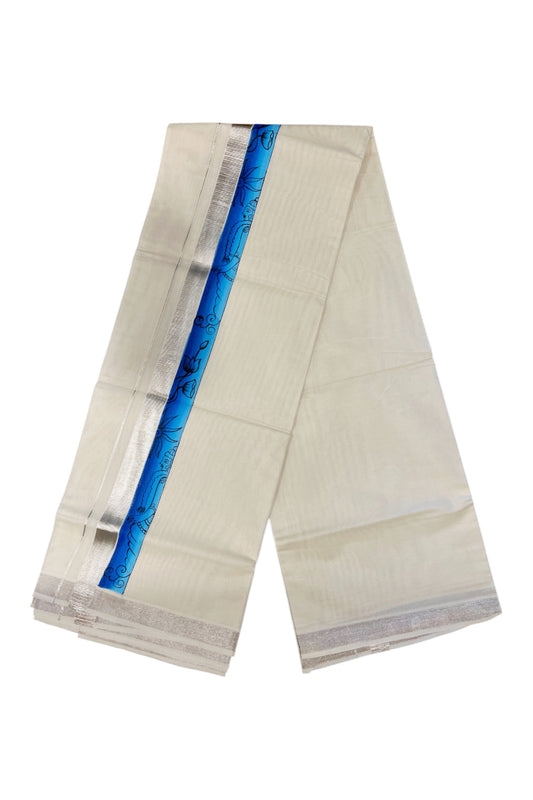 Kerala Pure Cotton Double Mundu with Mural Hand Painted Design on Silver Kasavu Border