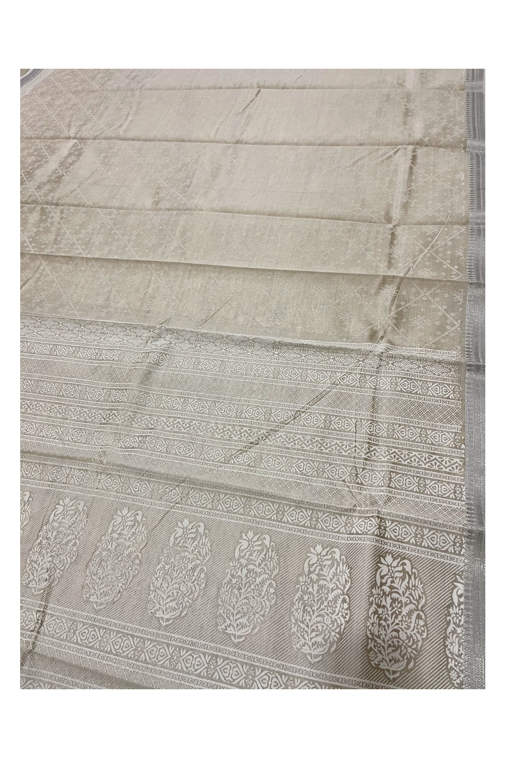 Southloom Semi Tussar White Woven Saree with Silver Zari Border