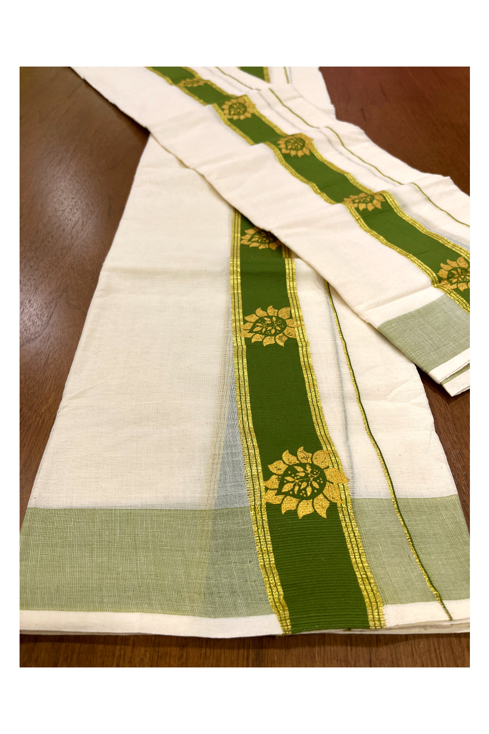 Cotton Single Set Mundu (Mundu Neriyathum) with Golden Block Prints on Green Border