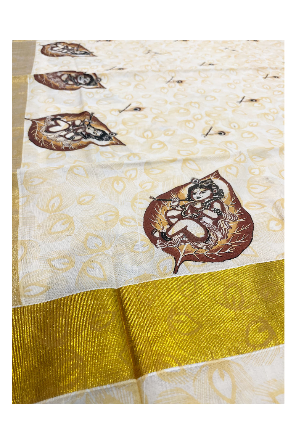 Pure Cotton Kerala Saree with Krishna Mural Prints and Kasavu Border