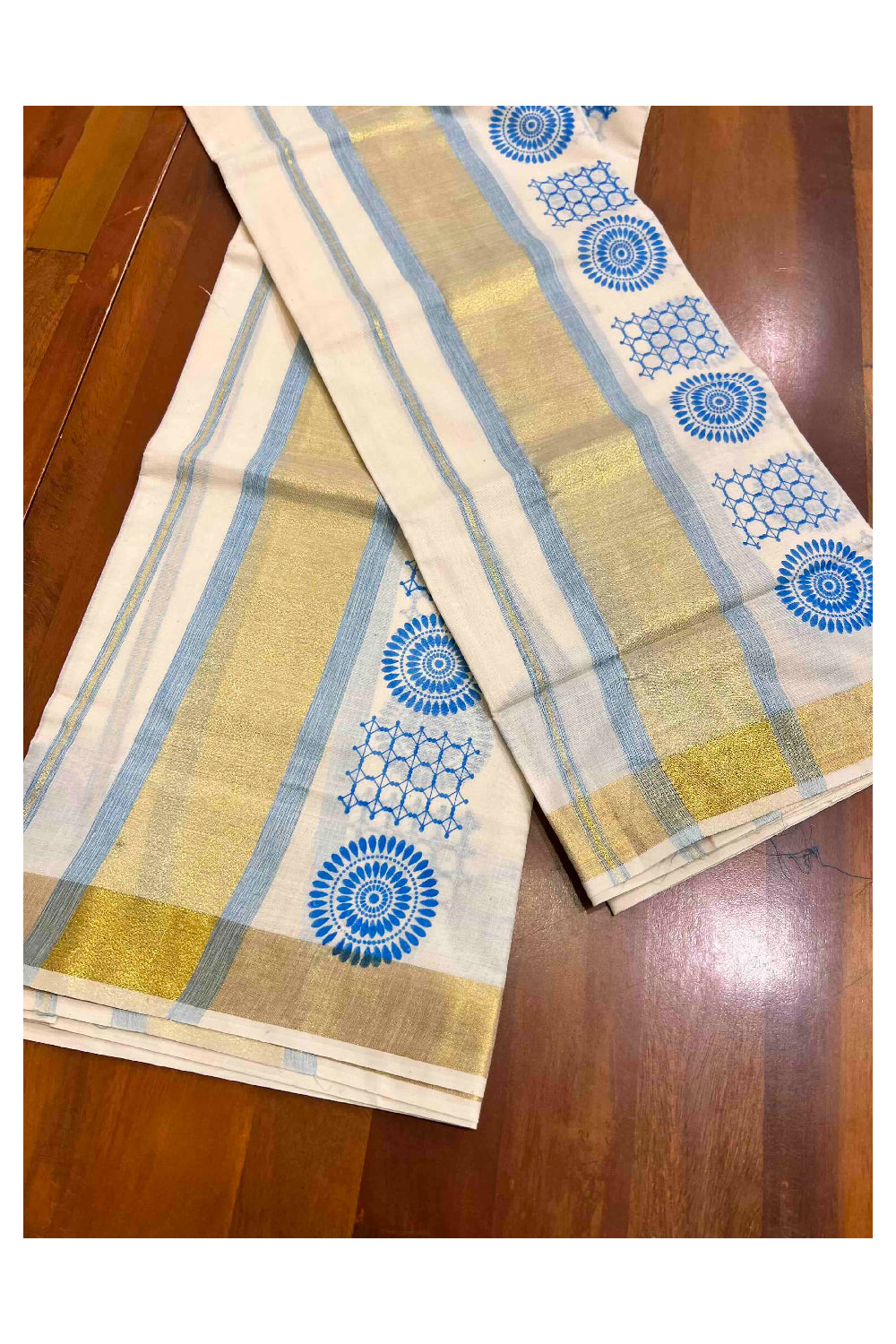 Kerala Cotton Single Set Mundu (Mundum Neriyathum) with Blue Block Prints with Kasavu Border  - 2.80Mtrs