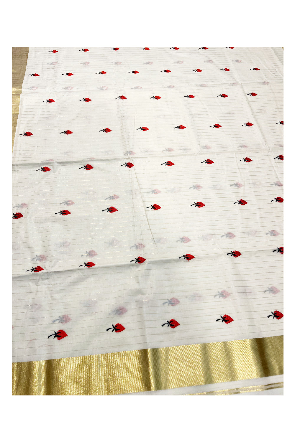 Kerala Cotton Kasavu Lines Saree with Red Floral Embroidery Works On Body