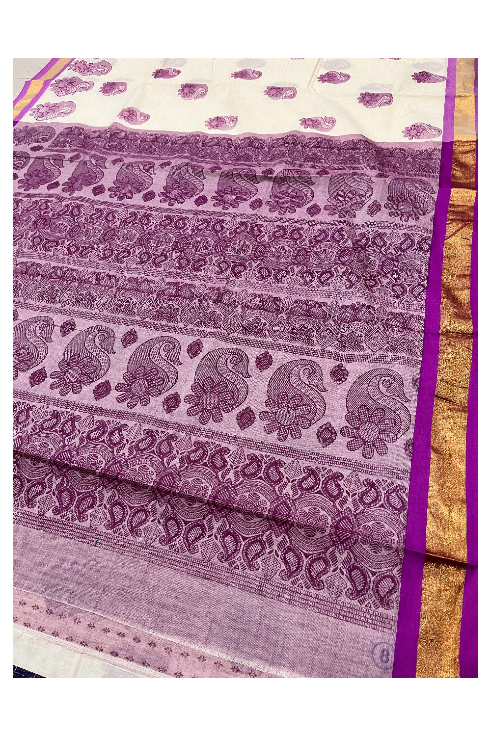 Pure Cotton Kerala Saree with Magenta Block Prints and Kasavu Border (Vishu 2024 Collection)